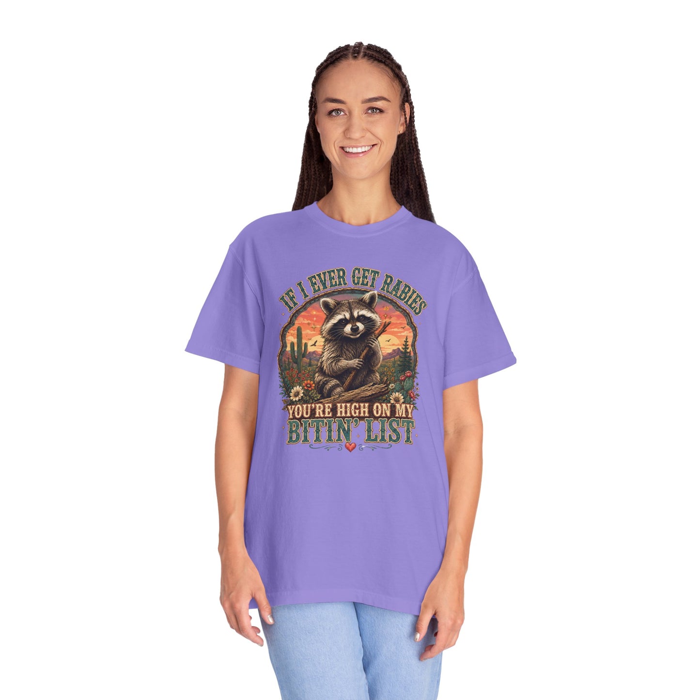 Raccoon Sunset T‑Shirt — “If I Ever Get Riches You’re High On My Bitin’ List” Funny Retro Graphic Tee