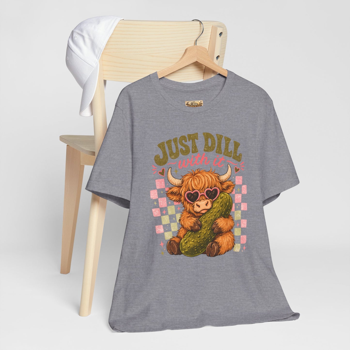 Just Dill With It Tee — Cute Highland Cow Hugging Pickle Graphic T‑Shirt