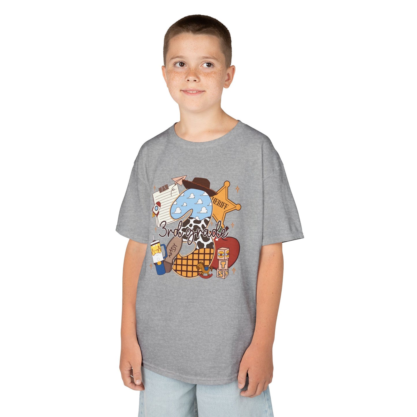 Kids Tee — 3rd Grade School Life Graphic (apple, donut, sheriff star)