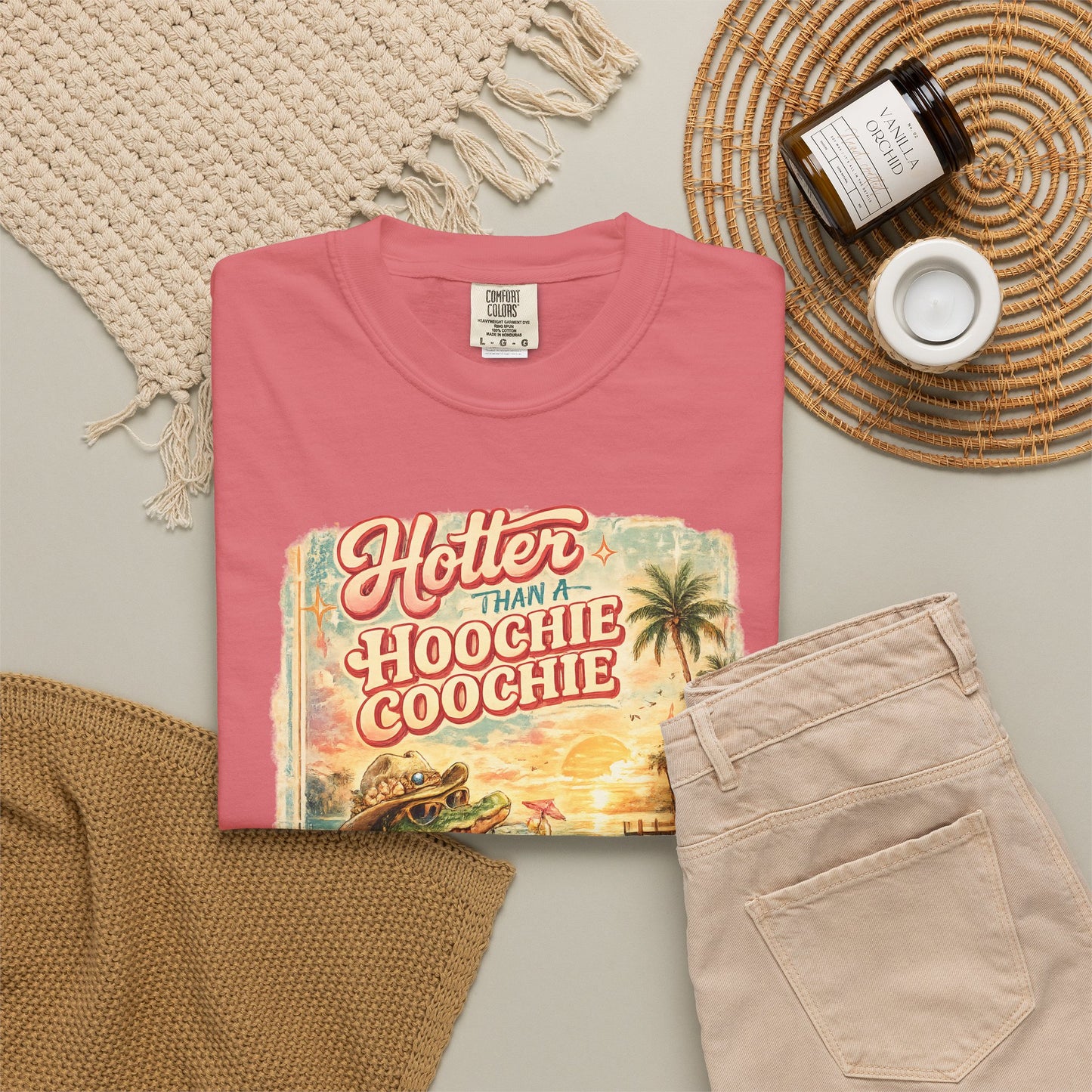 "Hotter Than a Hoochie Coochie" Retro Alligator Beach Graphic