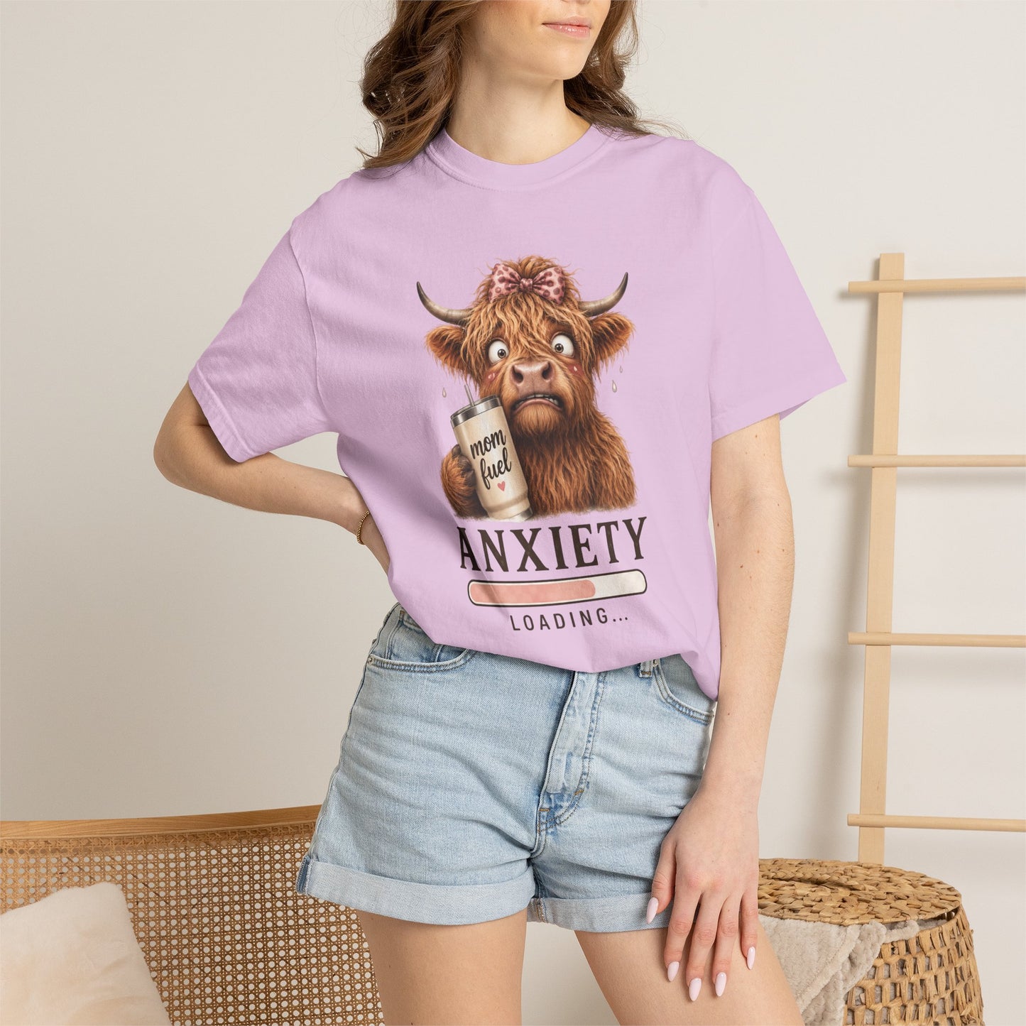 Anxiety Loading T-Shirt — Cute Highland Cow with 'Mom Fuel' Mug