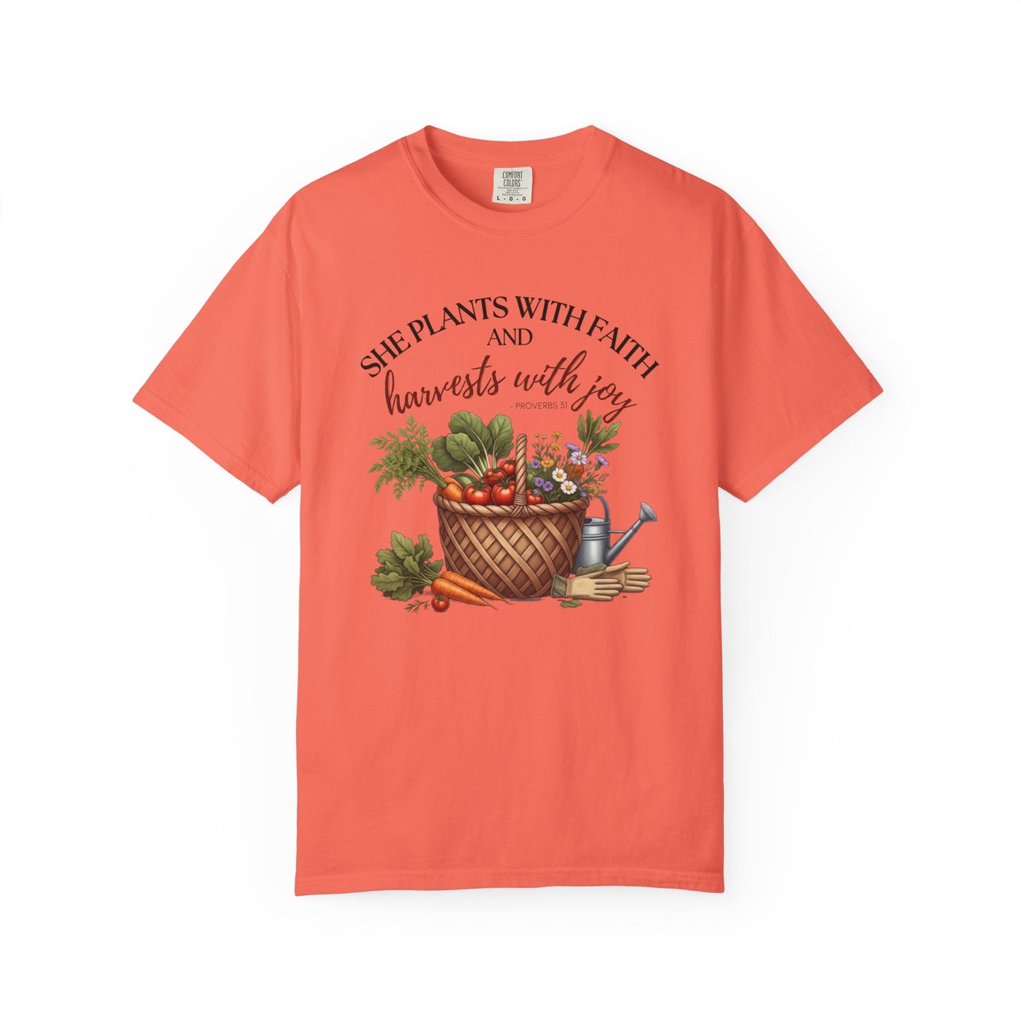 She Plants With Faith Garden T‑Shirt — Harvests With Joy Floral Basket Tee