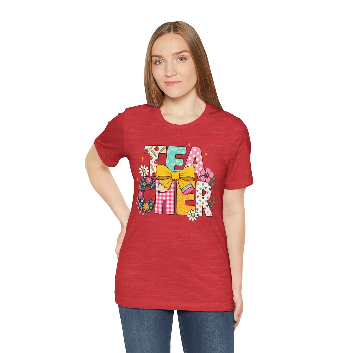 Teacher Floral Bow T-Shirt — Cute 'Teach er' Colorful School Shirt for Teachers