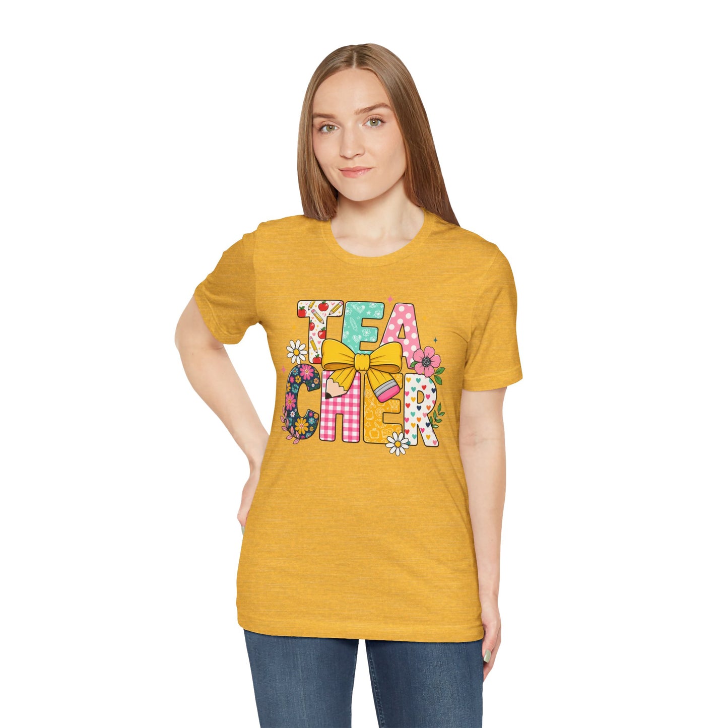 Teacher Floral Bow T-Shirt — Cute 'Teach er' Colorful School Shirt for Teachers