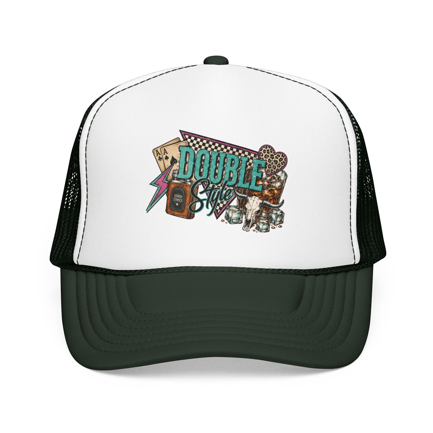 Double Shot Retro Foam Trucker Hat — Vintage Neon Coffee & Camera Patch