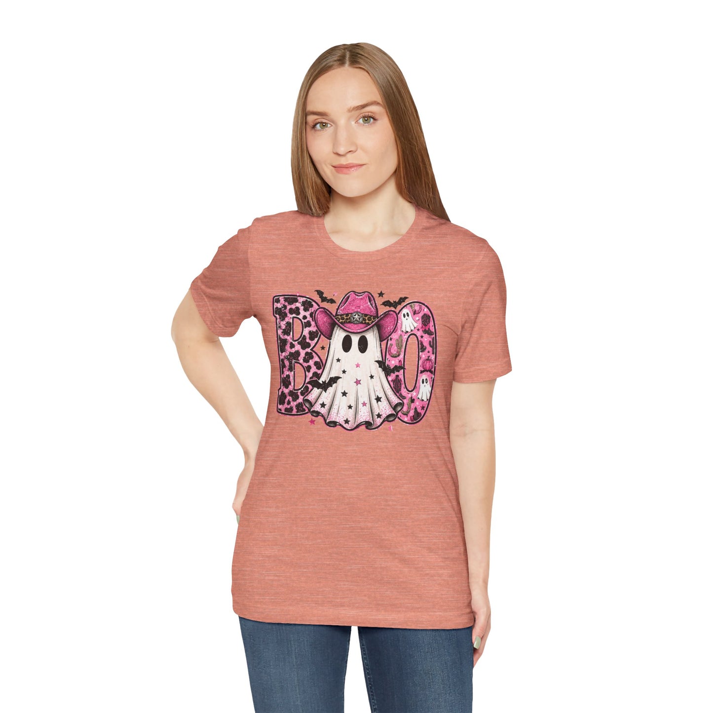 Boo Pink Leopard Ghost Tee — Cute Cowgirl Halloween T-Shirt