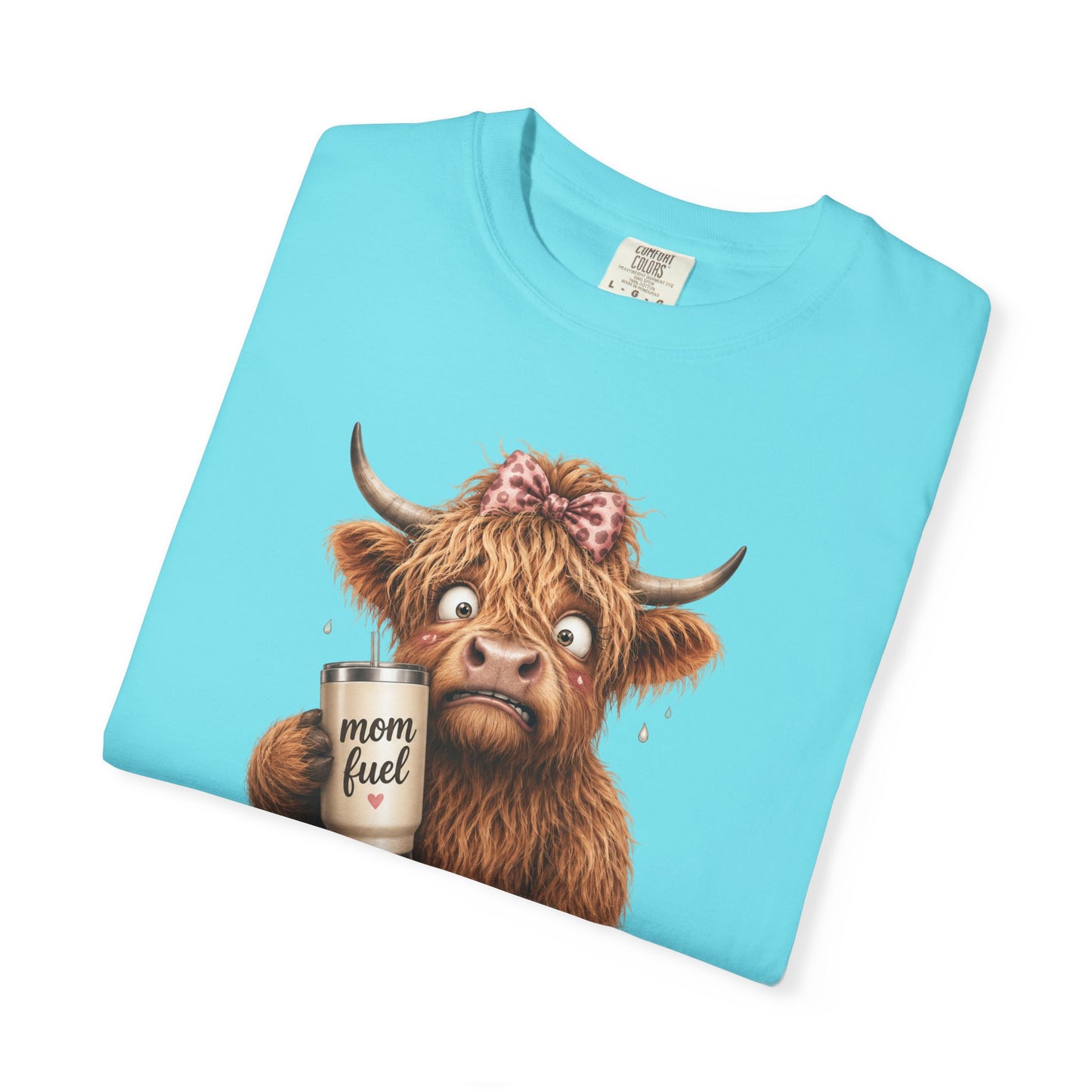 Anxiety Loading T-Shirt — Cute Highland Cow with 'Mom Fuel' Mug