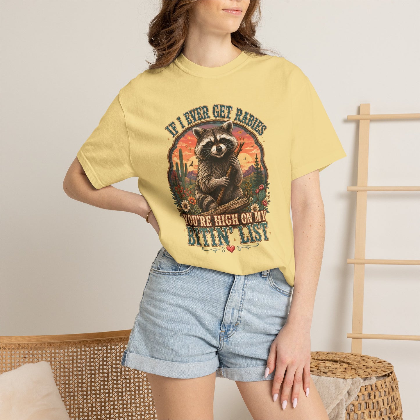 Raccoon Sunset T‑Shirt — “If I Ever Get Riches You’re High On My Bitin’ List” Funny Retro Graphic Tee