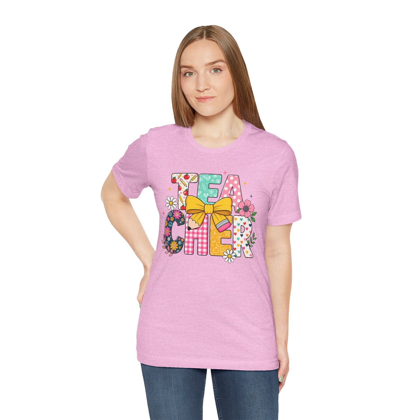 Teacher Floral Bow T-Shirt — Cute 'Teach er' Colorful School Shirt for Teachers
