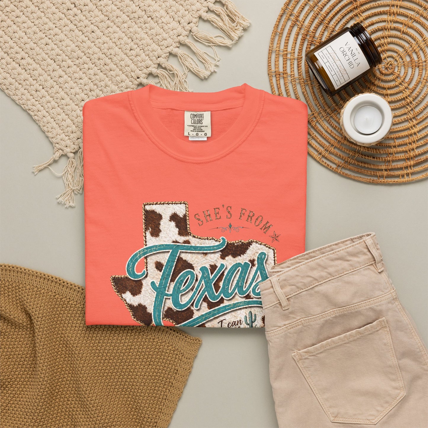 Texas Cowhide Graphic T-Shirt — "She's From Texas" Retro Western Tee