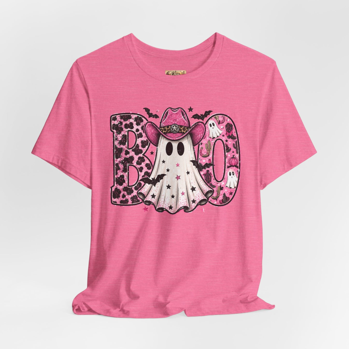 Boo Pink Leopard Ghost Tee — Cute Cowgirl Halloween T-Shirt