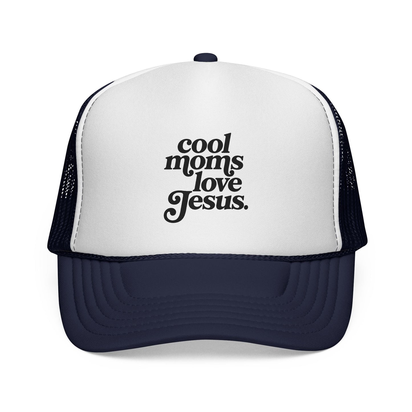 Trucker Cap — "Cool Moms Love Jesus" Retro Script Faith Hat
