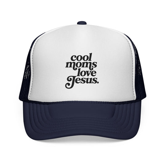 Trucker Cap — "Cool Moms Love Jesus" Retro Script Faith Hat