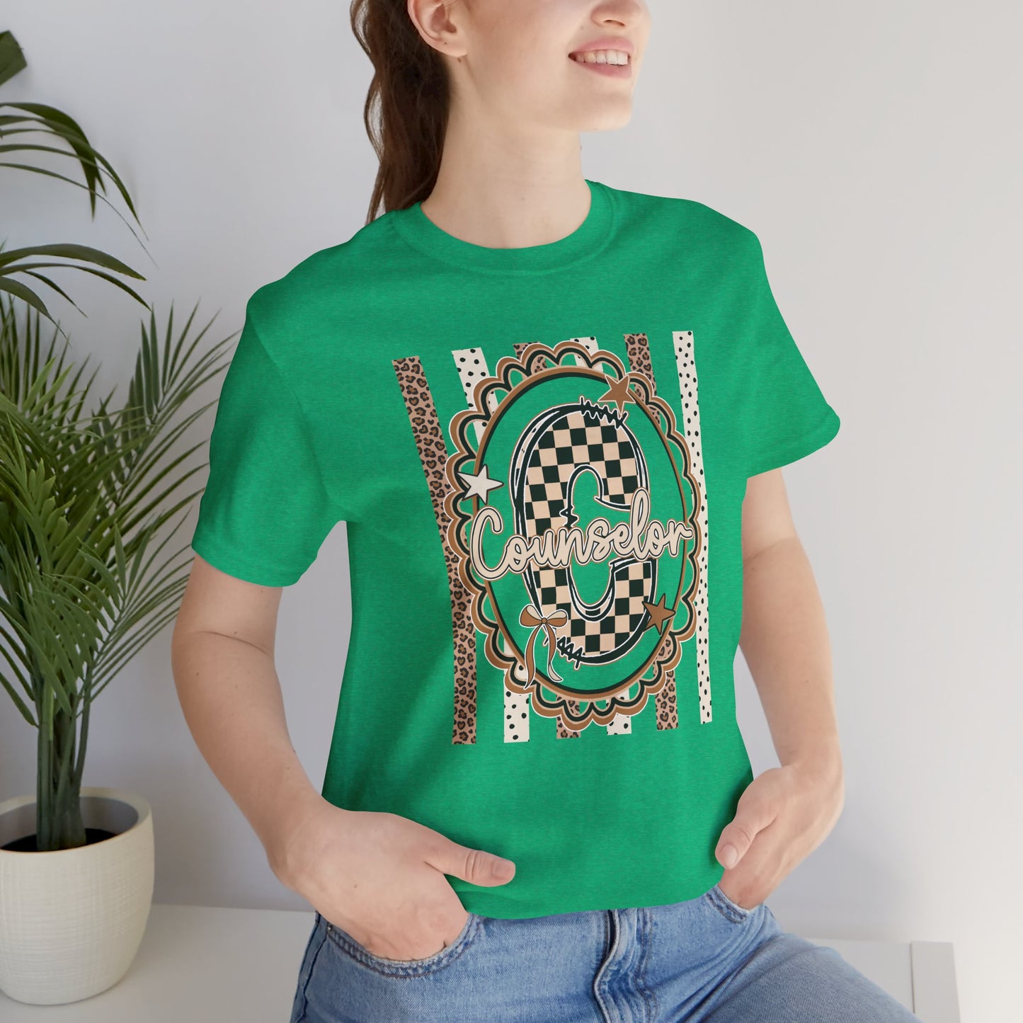 Counselor Tee — Retro Checkerboard & Leopard Print Graphic T-Shirt