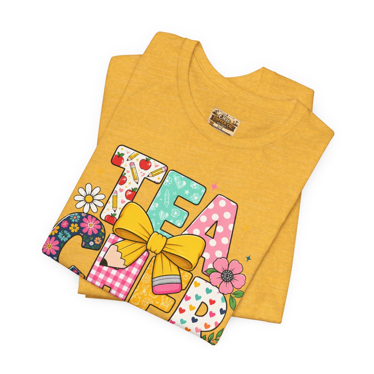 Teacher Floral Bow T-Shirt — Cute 'Teach er' Colorful School Shirt for Teachers