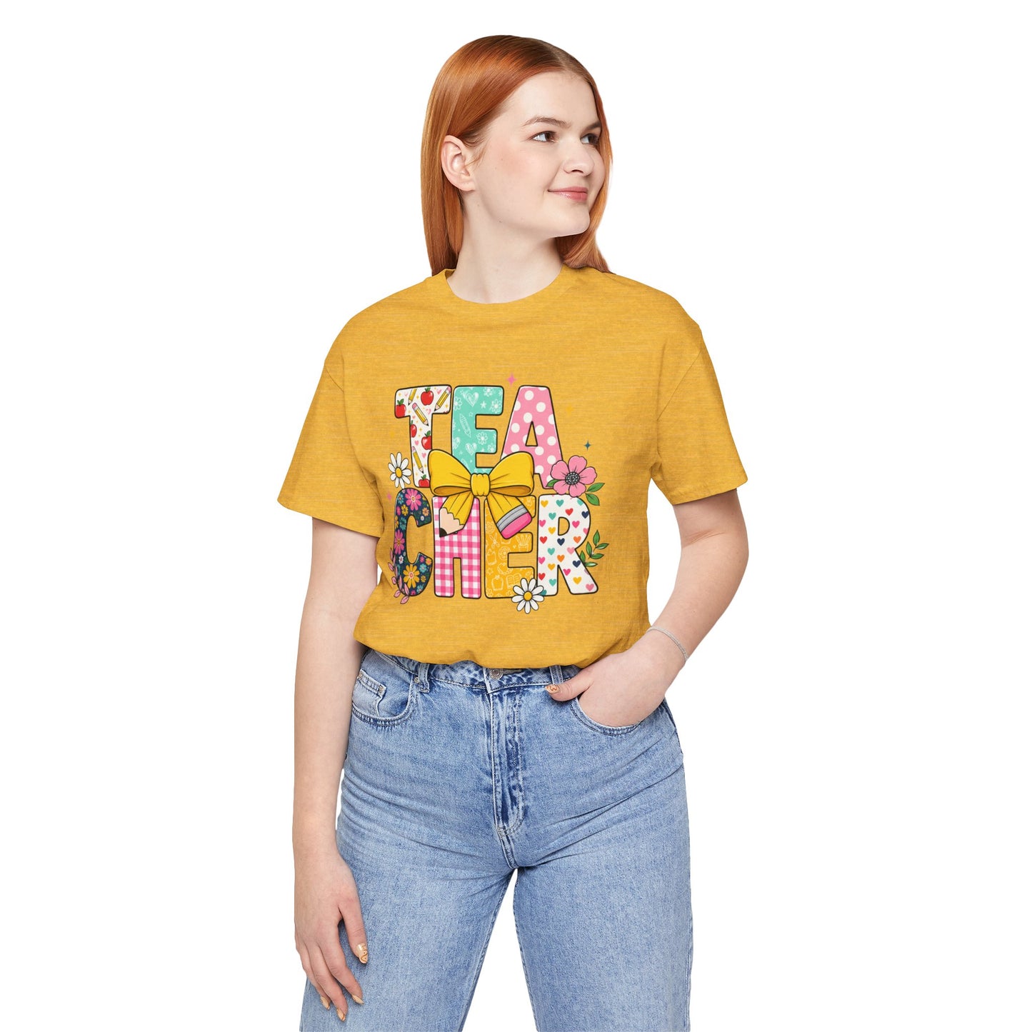 Teacher Floral Bow T-Shirt — Cute 'Teach er' Colorful School Shirt for Teachers