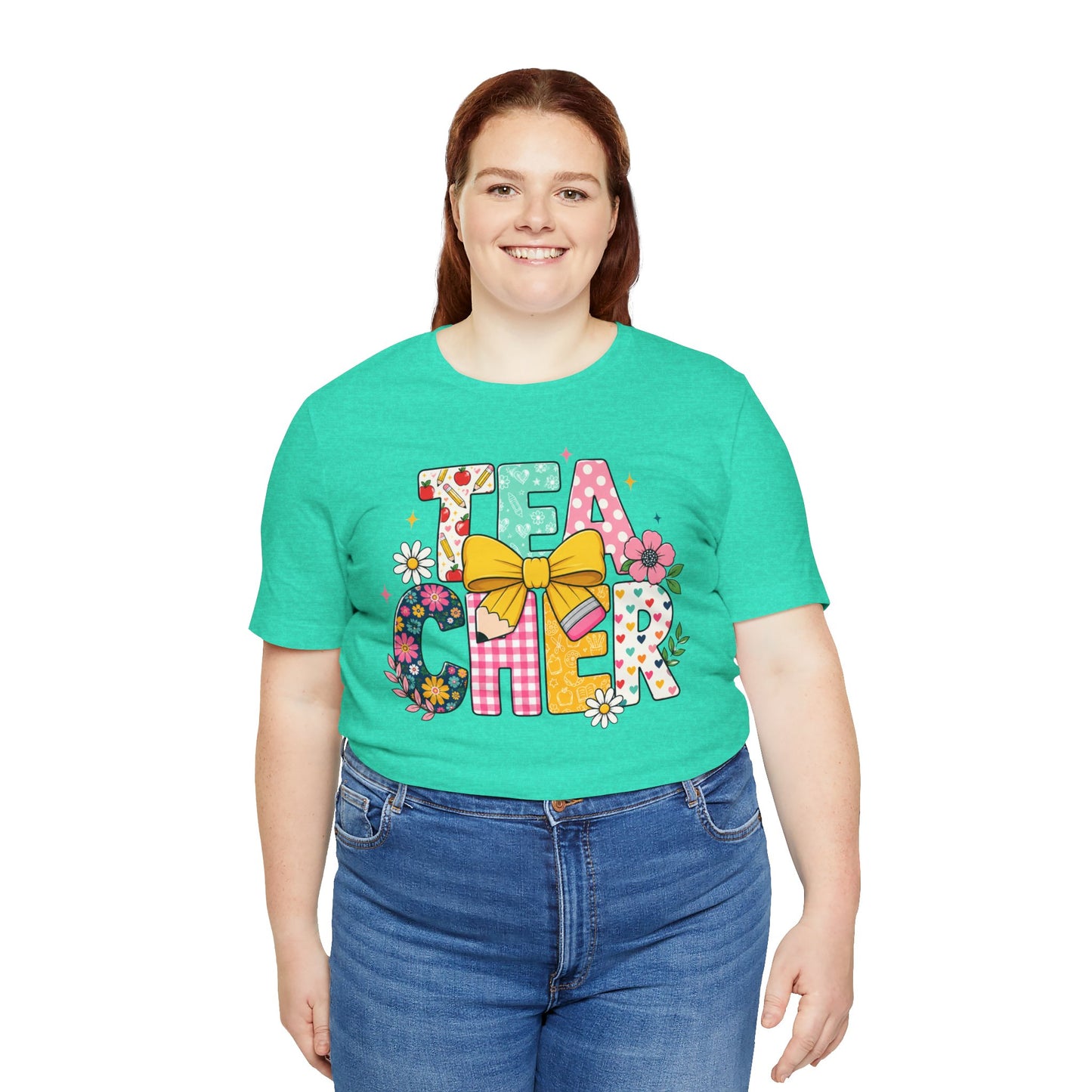 Teacher Floral Bow T-Shirt — Cute 'Teach er' Colorful School Shirt for Teachers