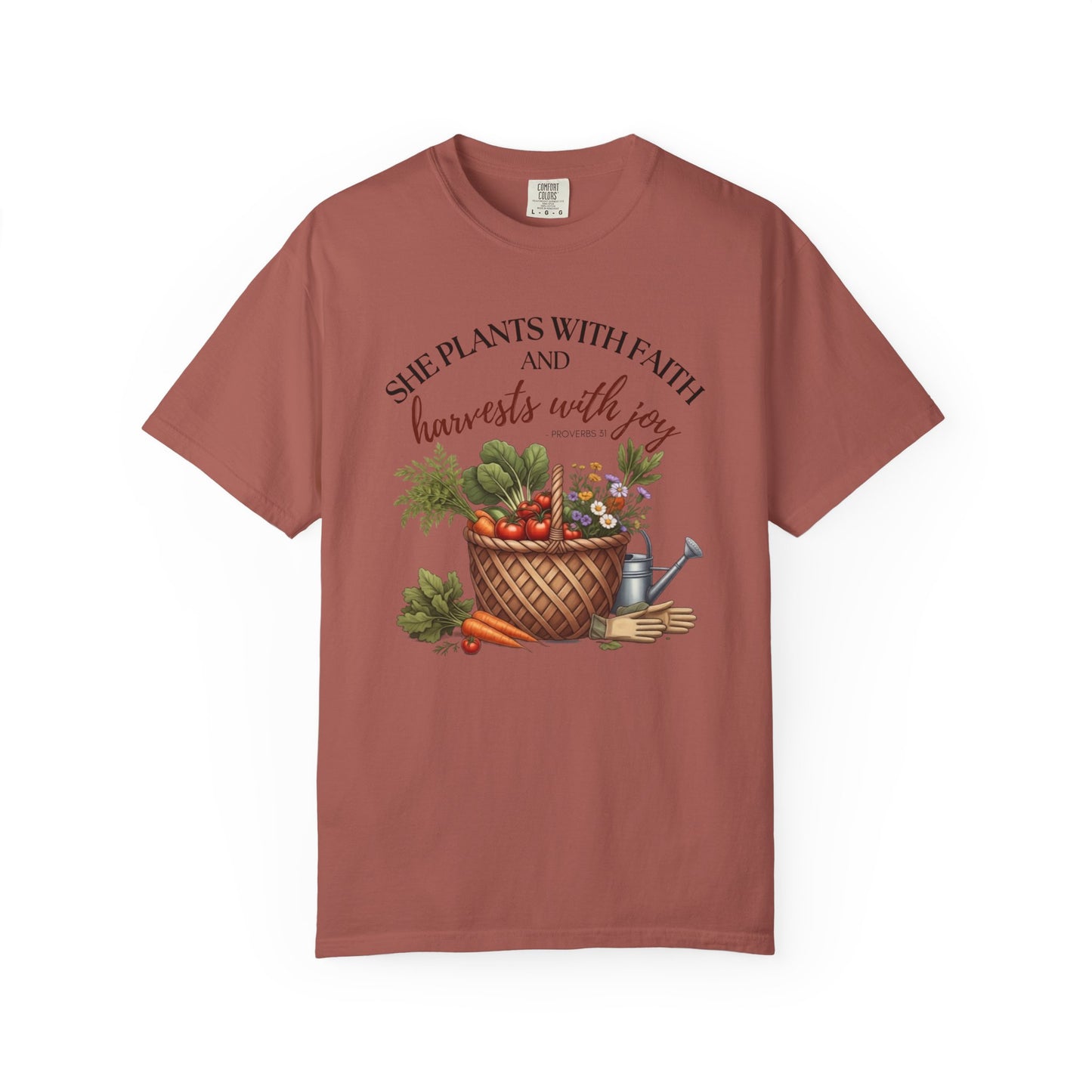 She Plants With Faith Garden T‑Shirt — Harvests With Joy Floral Basket Tee