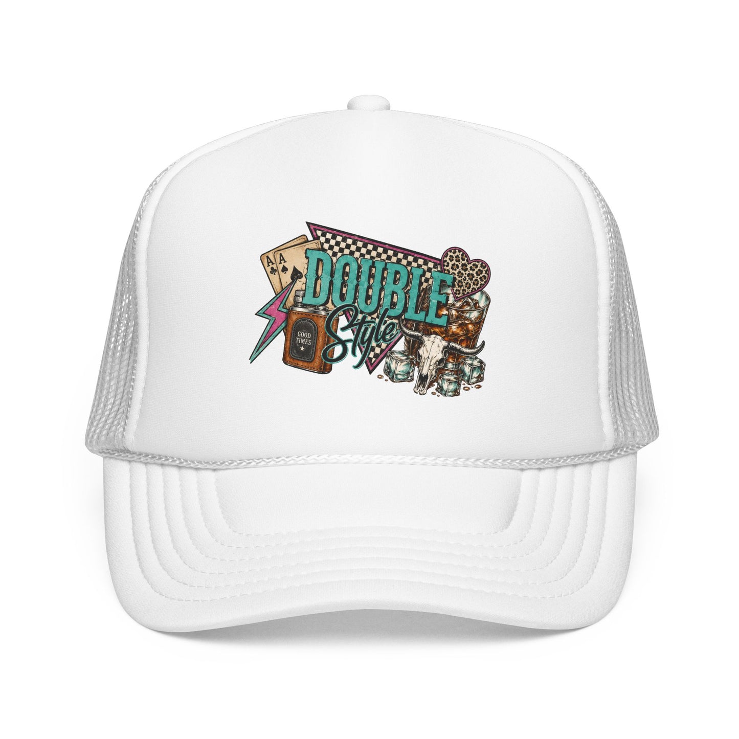 Double Shot Retro Foam Trucker Hat — Vintage Neon Coffee & Camera Patch
