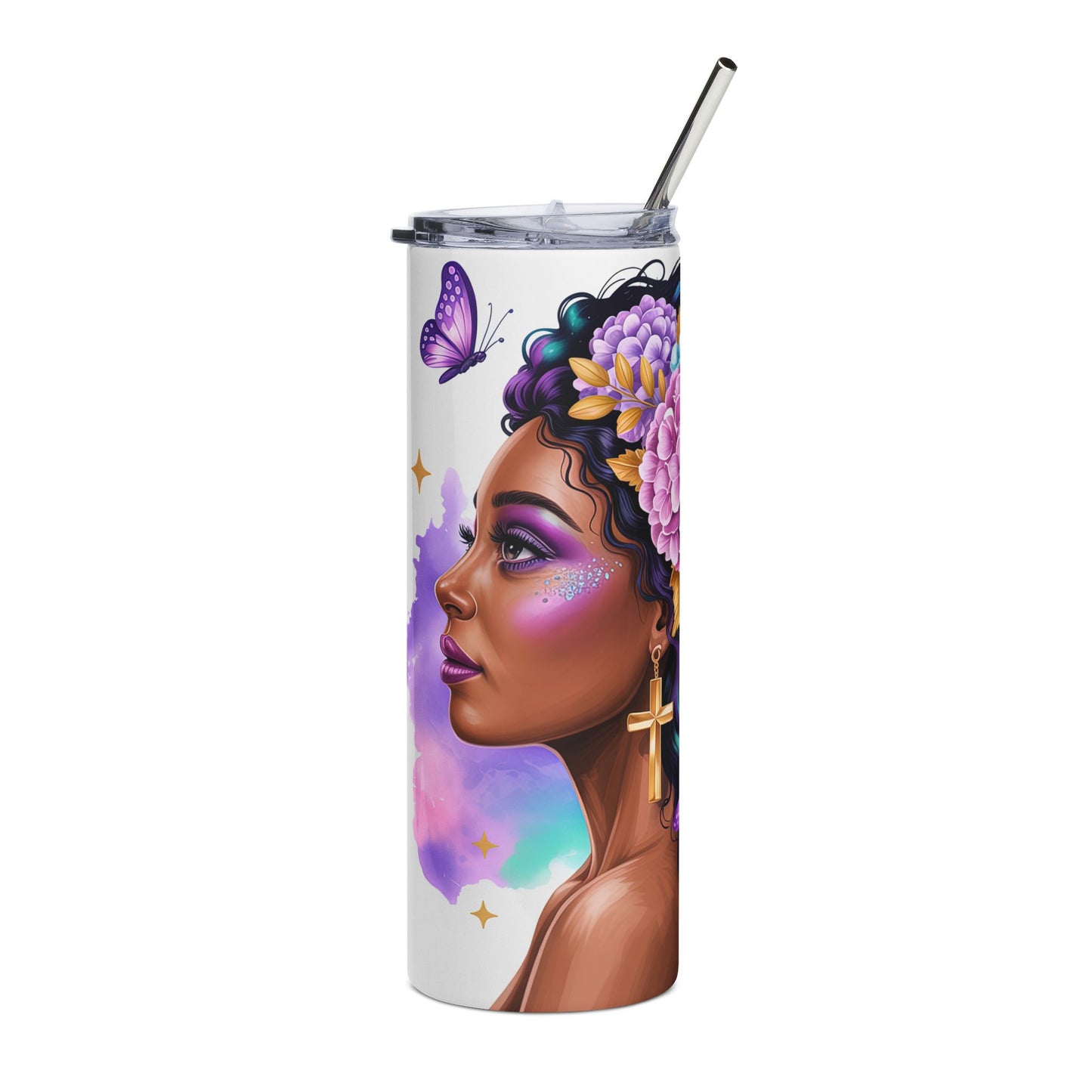 20oz Stainless Steel Tumbler — Floral Afrocentric Woman Design, Butterfly & Cross Travel Cup