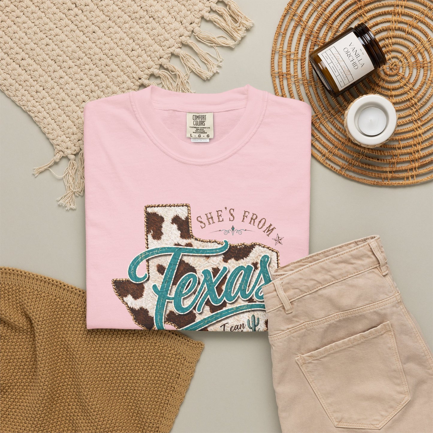 Texas Cowhide Graphic T-Shirt — "She's From Texas" Retro Western Tee