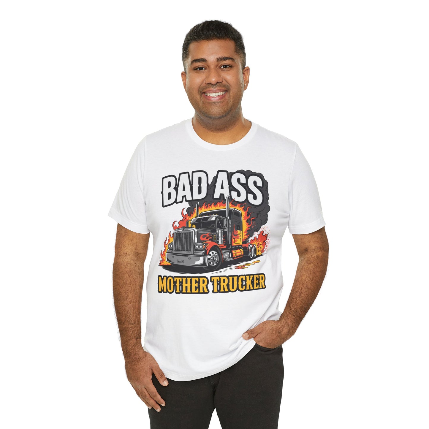 Bad Ass Mother Trucker Tee — Graphic Semi Truck Flames Shirt