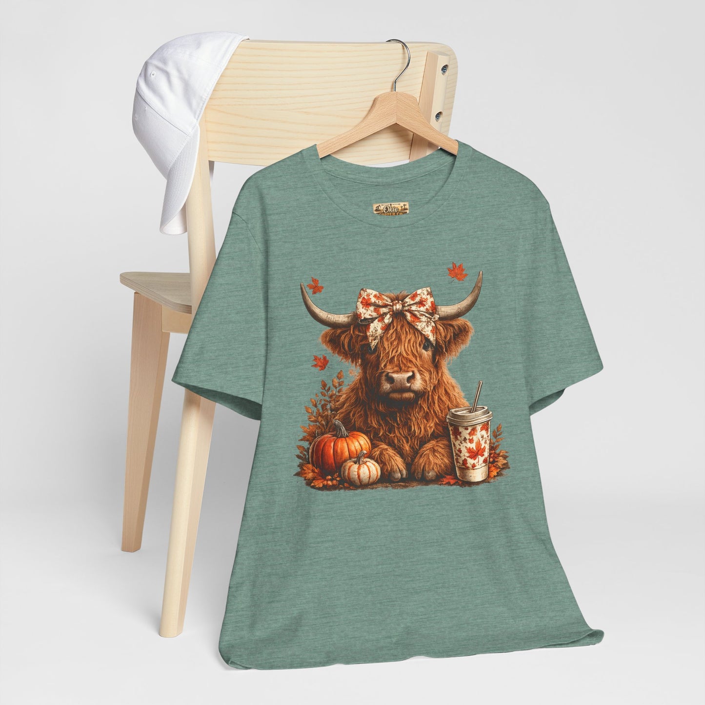 Autumn Highland Cow Tee — Fall Pumpkin Latte Graphic T-Shirt