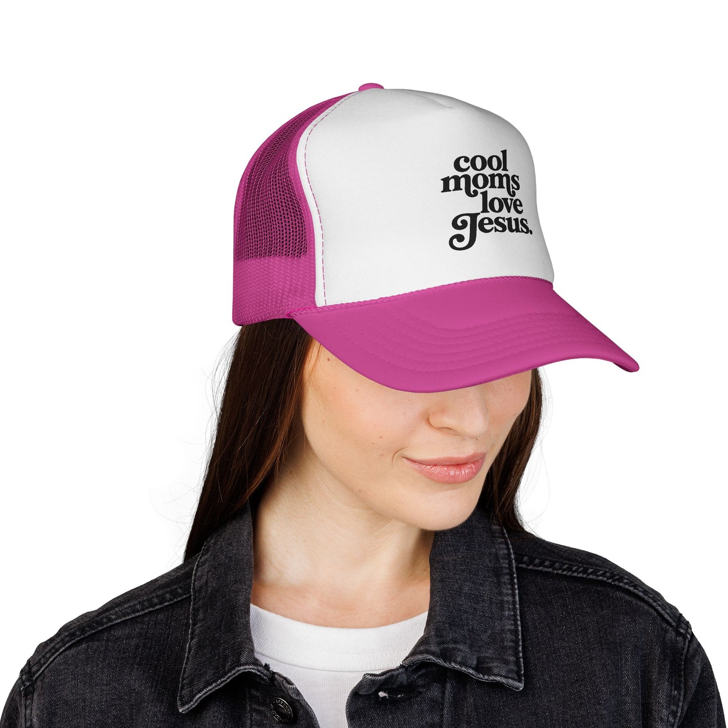 Trucker Cap — "Cool Moms Love Jesus" Retro Script Faith Hat