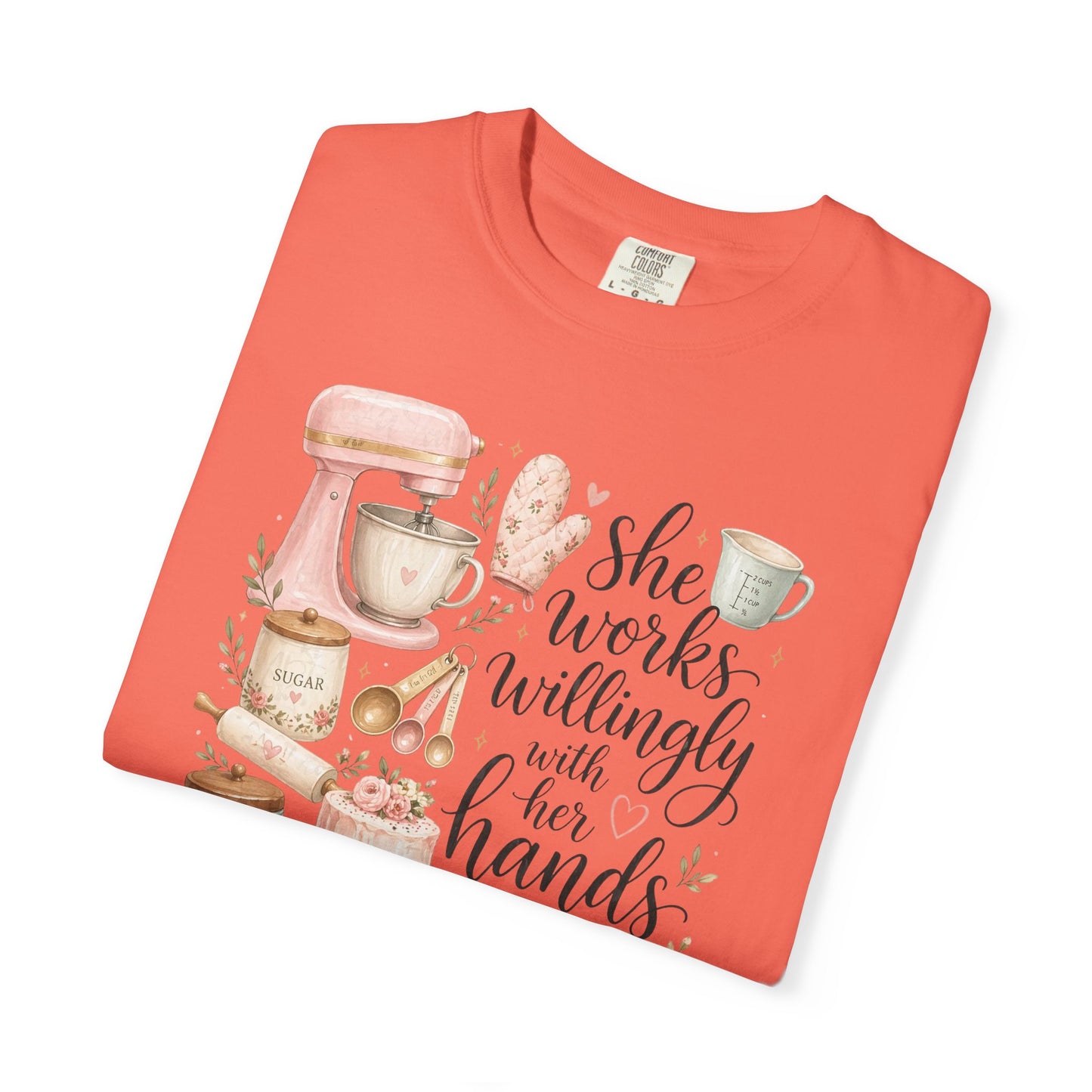 Baker’s Kitchen T-Shirt — “She Works Willingly With Her Hands” Floral Baking Design