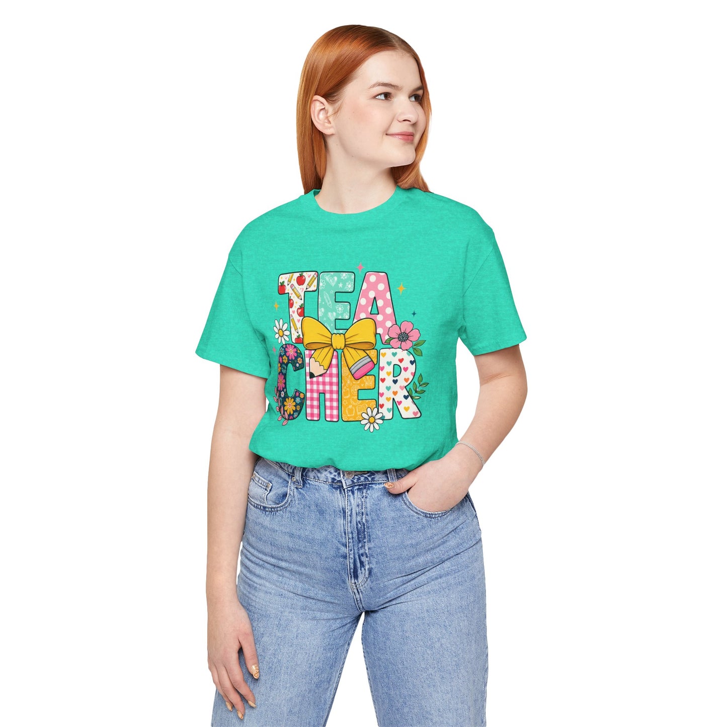 Teacher Floral Bow T-Shirt — Cute 'Teach er' Colorful School Shirt for Teachers