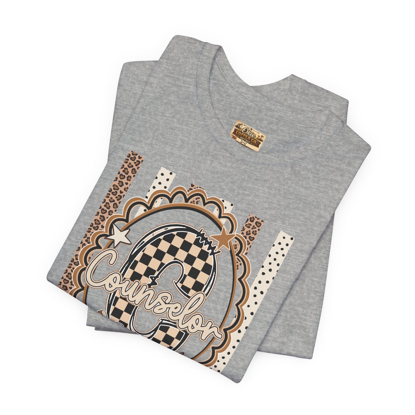 Counselor Tee — Retro Checkerboard & Leopard Print Graphic T-Shirt
