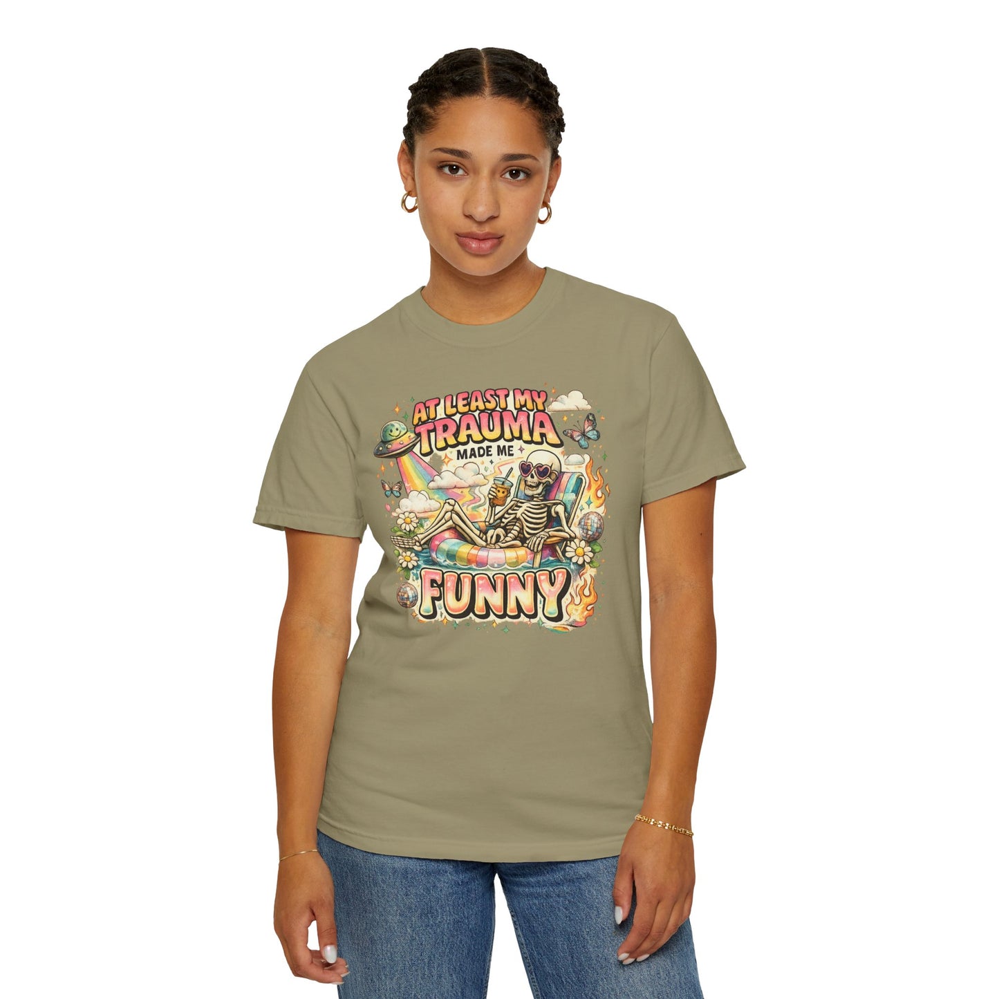 Funny Skeleton Graphic T-Shirt — "At Least My Trauma Made Me Funny"