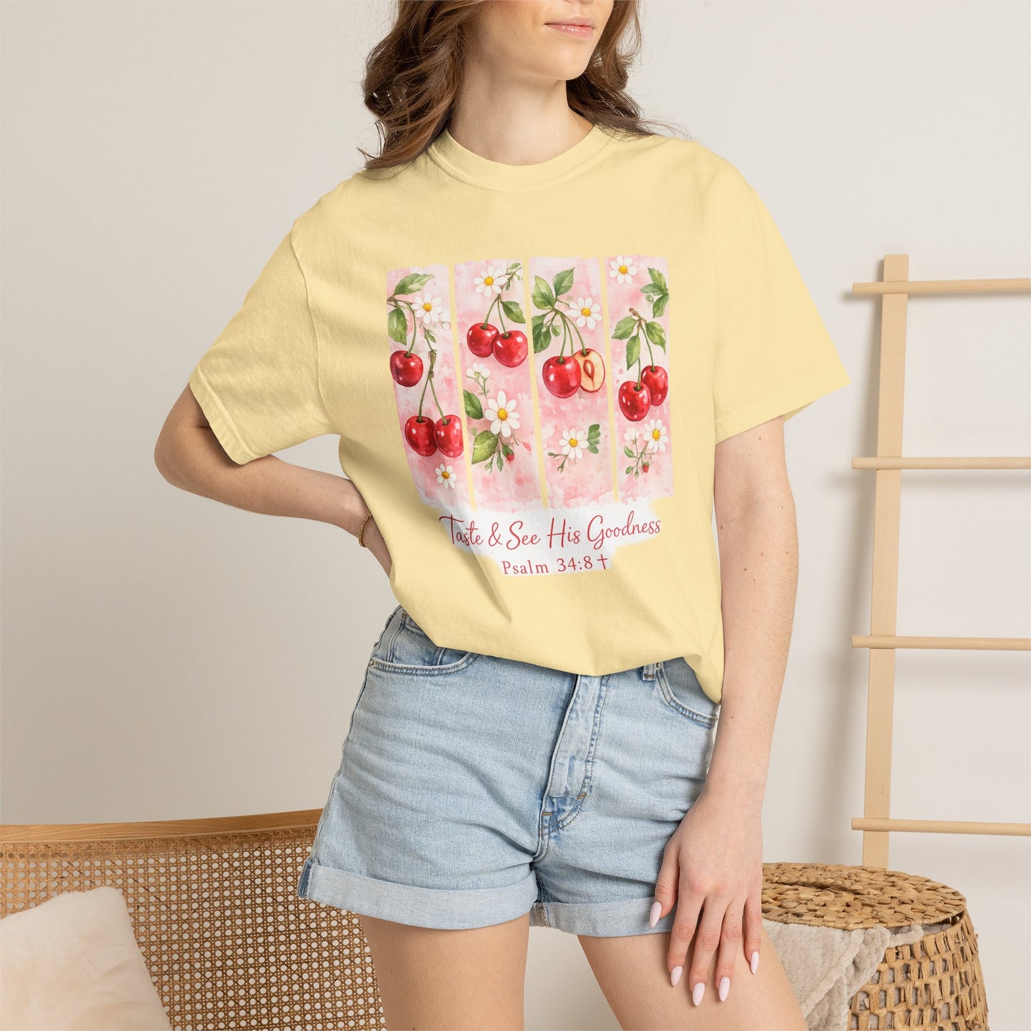 T-Shirt — "Taste & See His Goodness" Cherry Scripture Tee (Psalm 34:8)