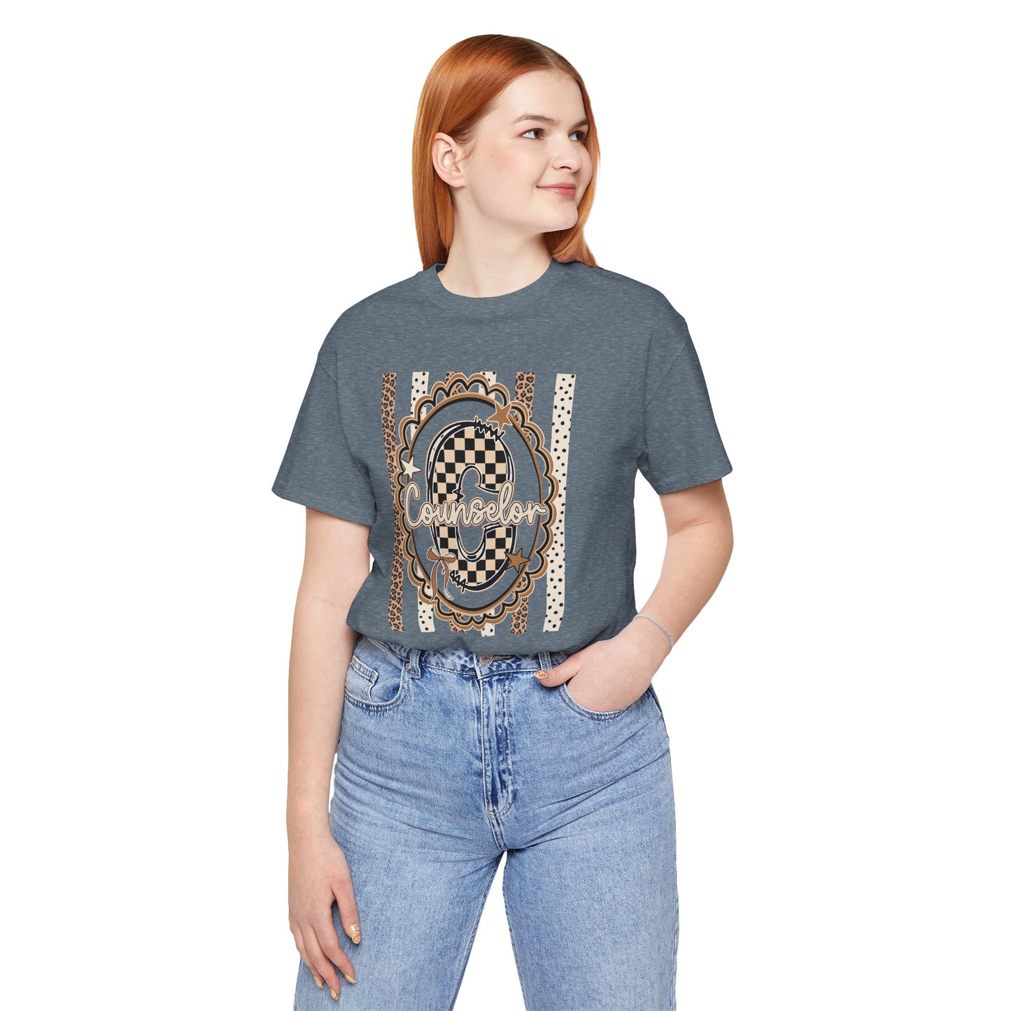Counselor Tee — Retro Checkerboard & Leopard Print Graphic T-Shirt