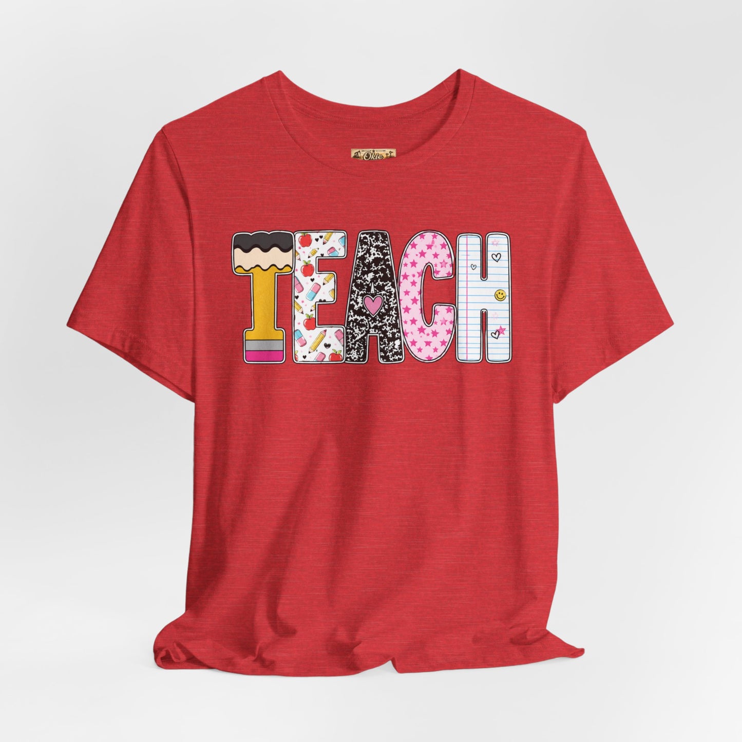 Teach Colorblock Graphic Tee – Cute Patterned Teacher T-Shirt