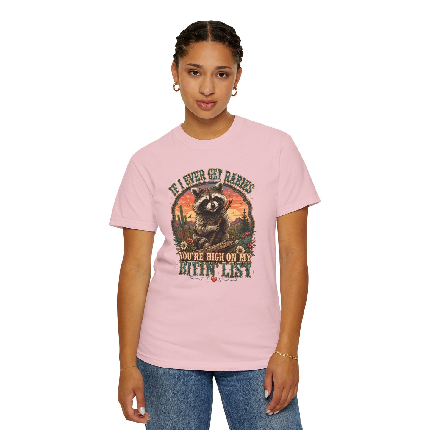 Raccoon Sunset T‑Shirt — “If I Ever Get Riches You’re High On My Bitin’ List” Funny Retro Graphic Tee