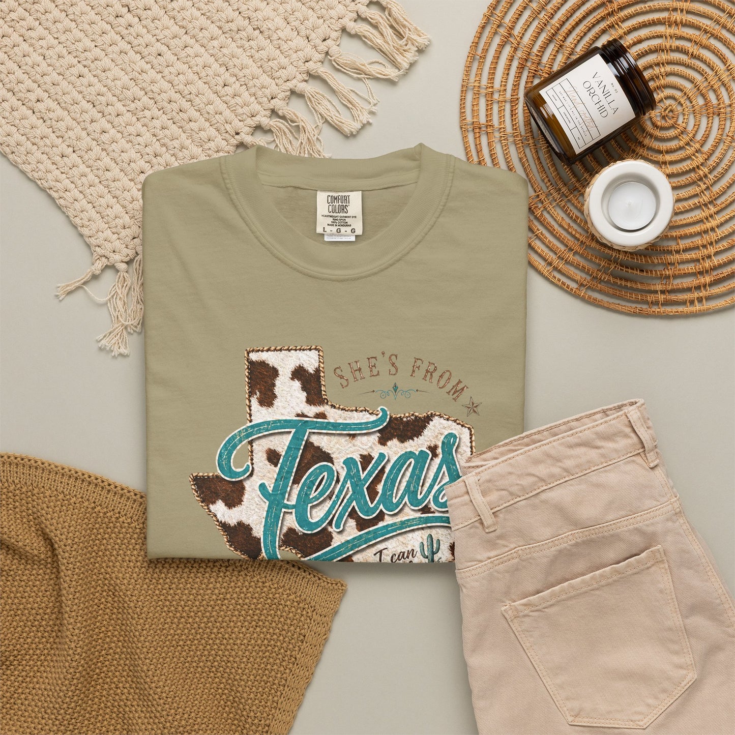 Texas Cowhide Graphic T-Shirt — "She's From Texas" Retro Western Tee