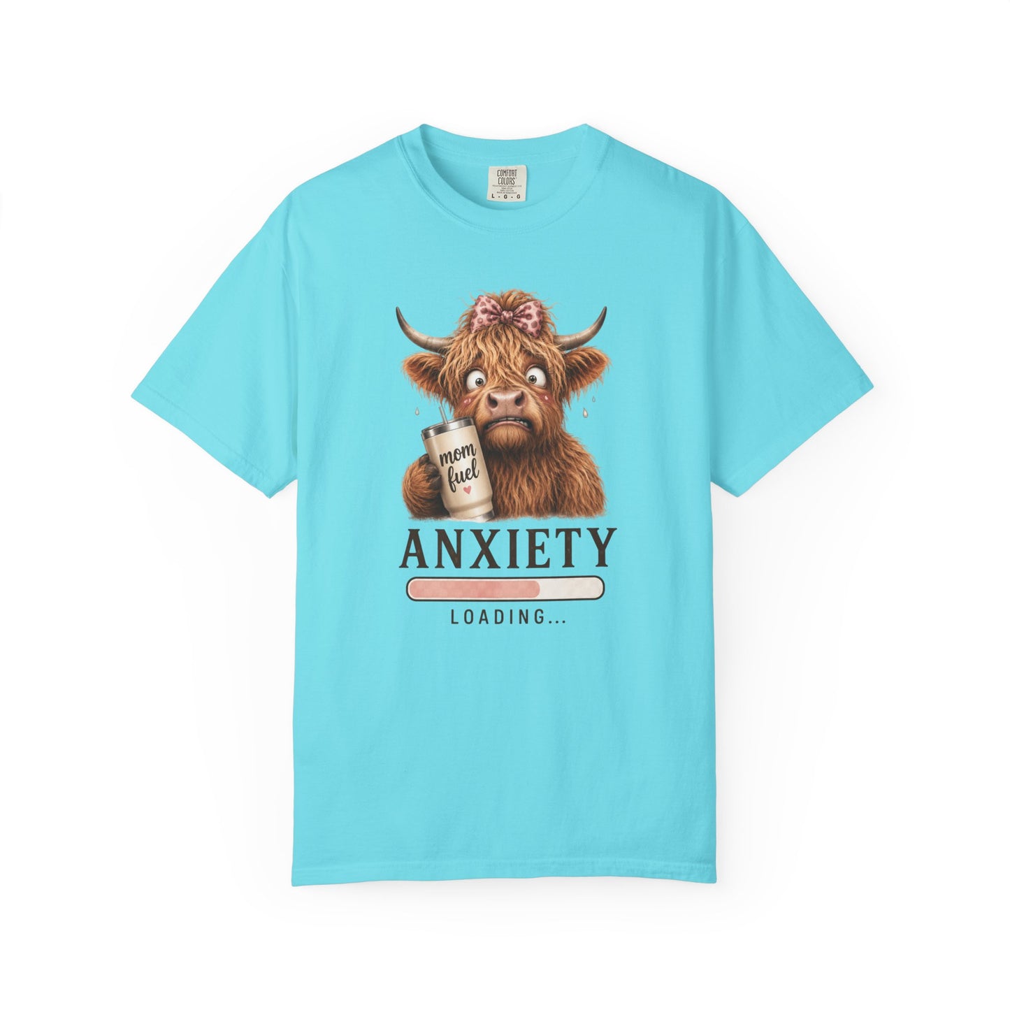 Anxiety Loading T-Shirt — Cute Highland Cow with 'Mom Fuel' Mug
