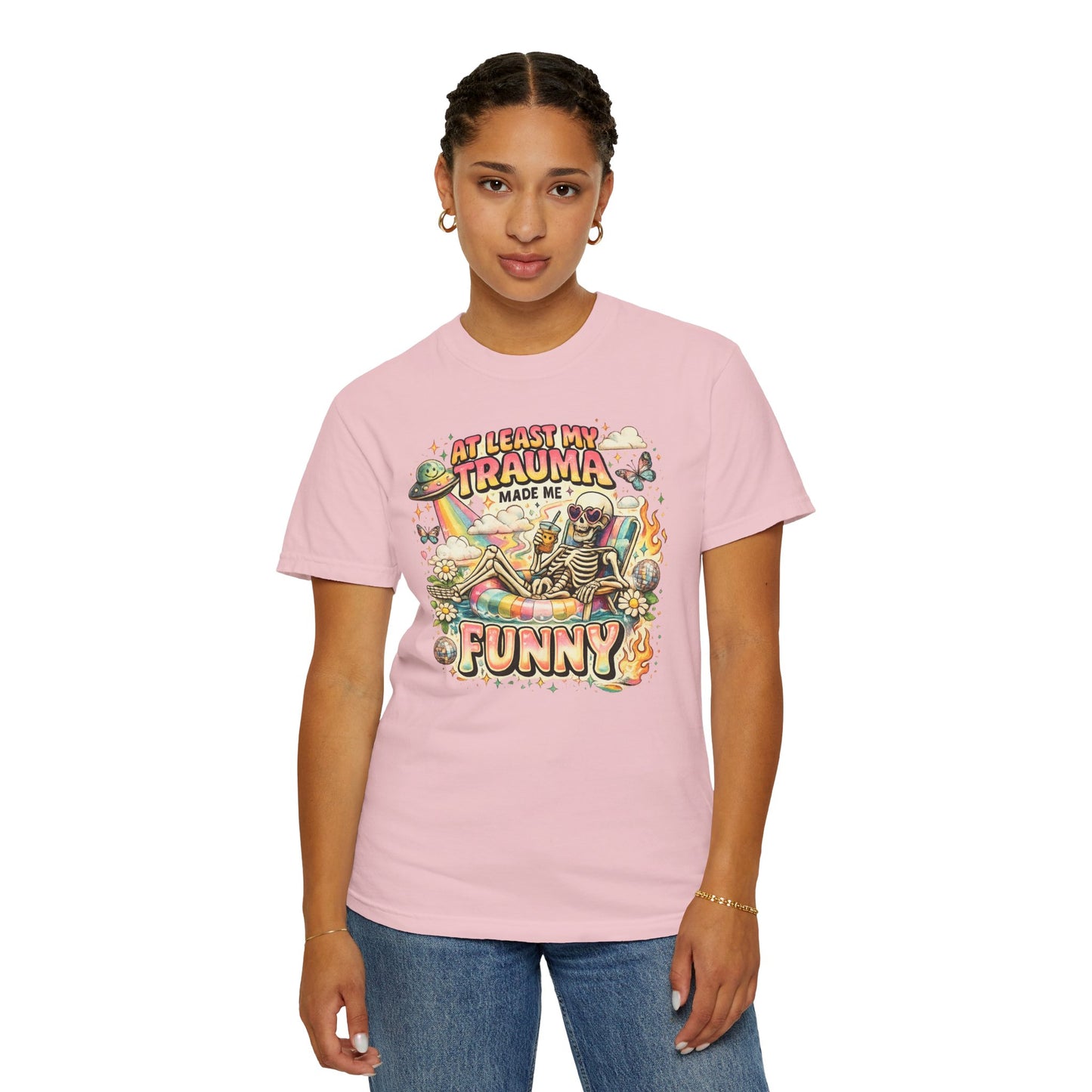 Funny Skeleton Graphic T-Shirt — "At Least My Trauma Made Me Funny"