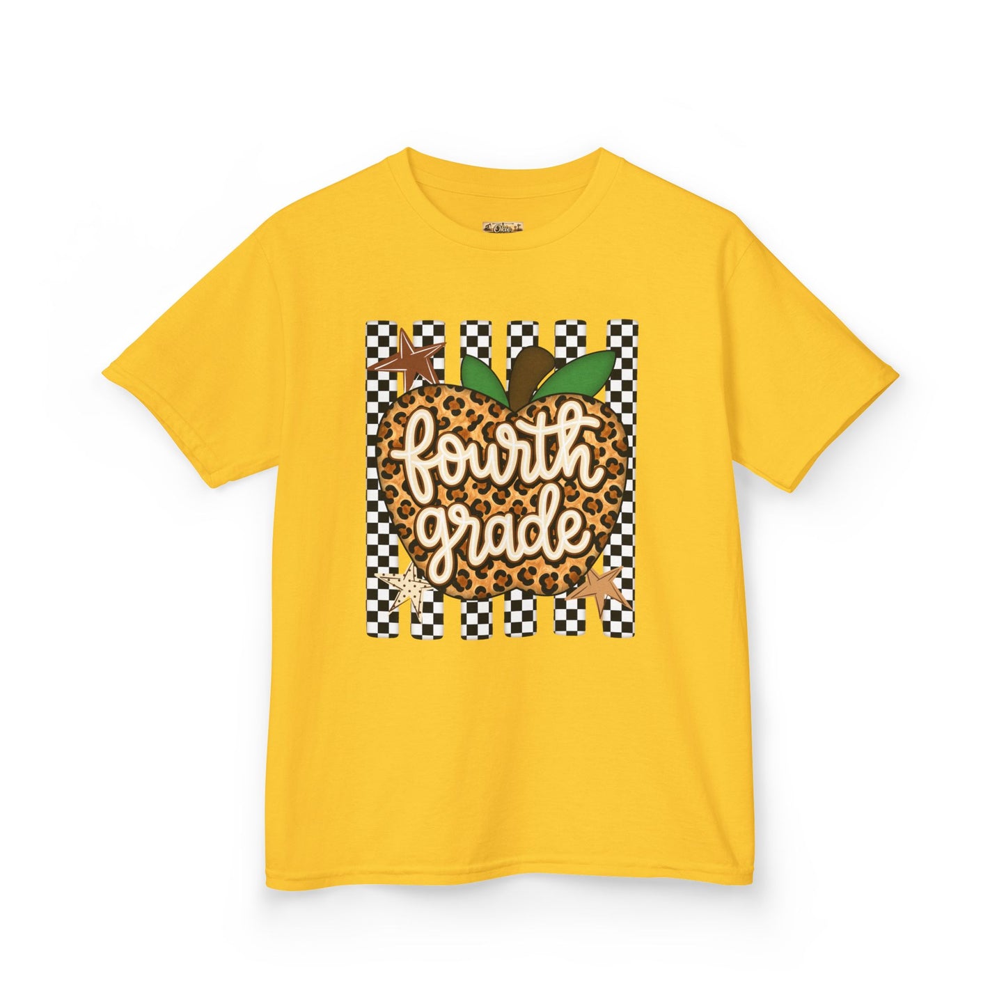 Fourth Grade Apple Kids T‑Shirt — Leopard & Checkerboard Back-to-School Tee