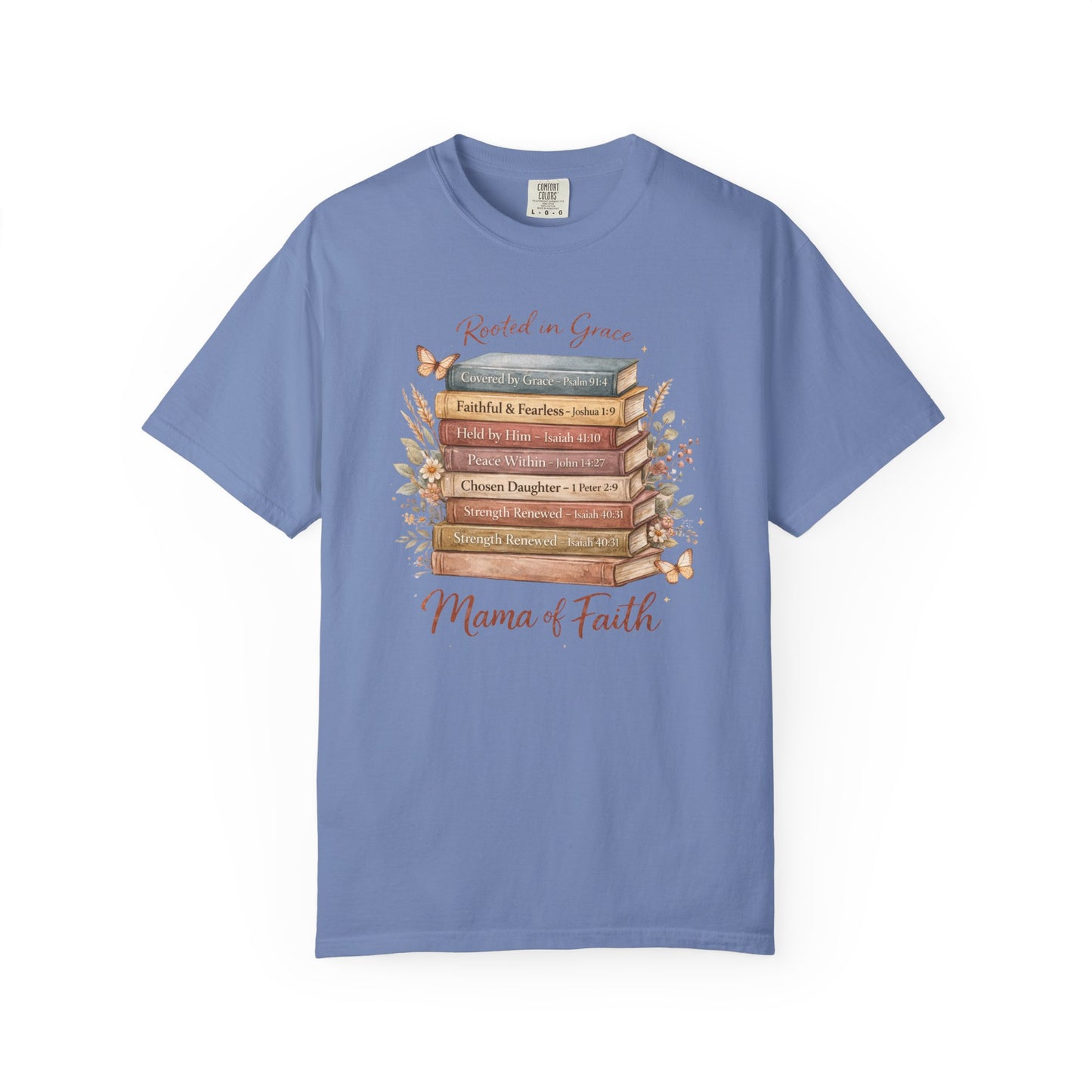 Mama of Faith Book Stack T‑Shirt — Rooted in Grace Christian Mother's Tee