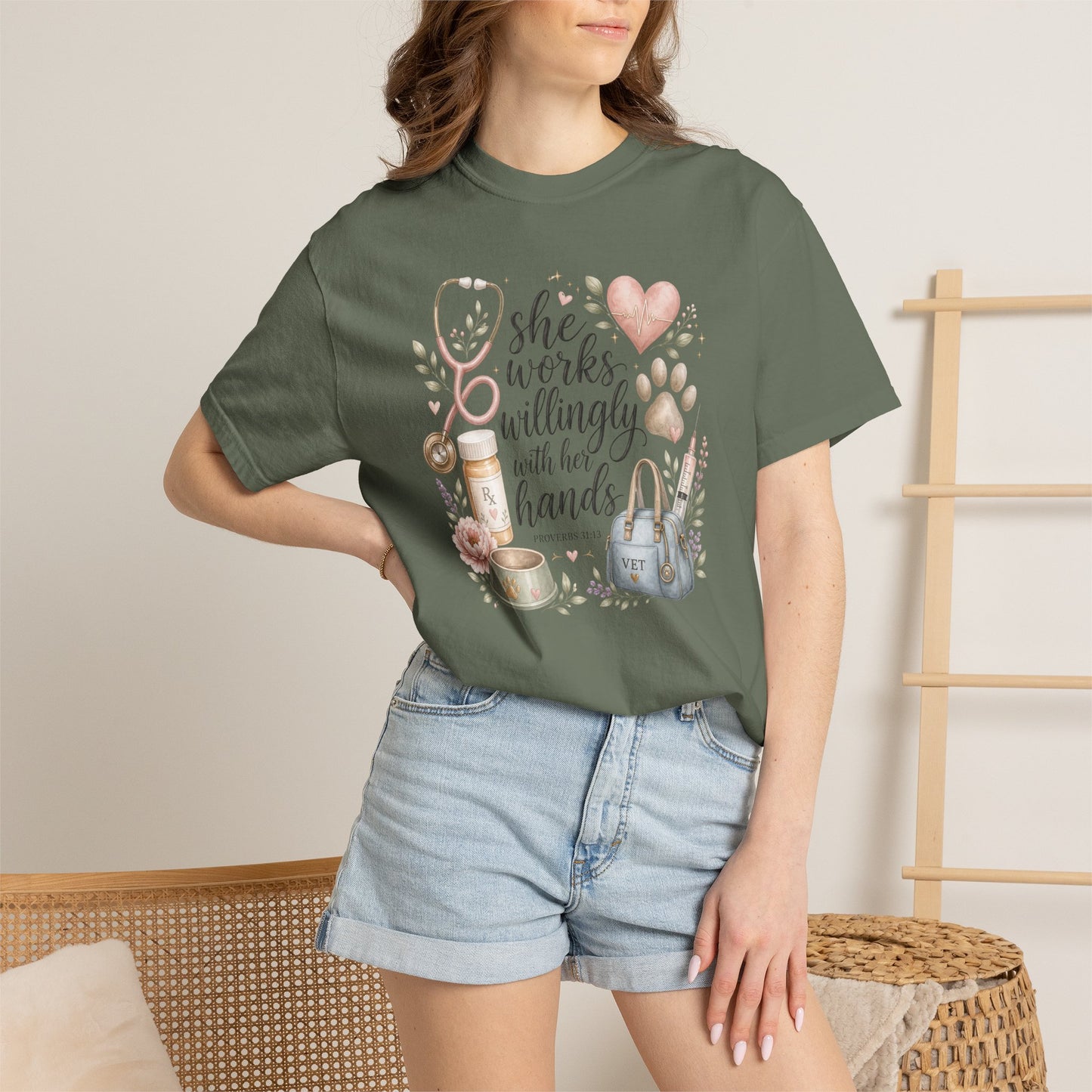 "She Works Willingly With Her Hands" Vet & Vet Tech Graphic Tee