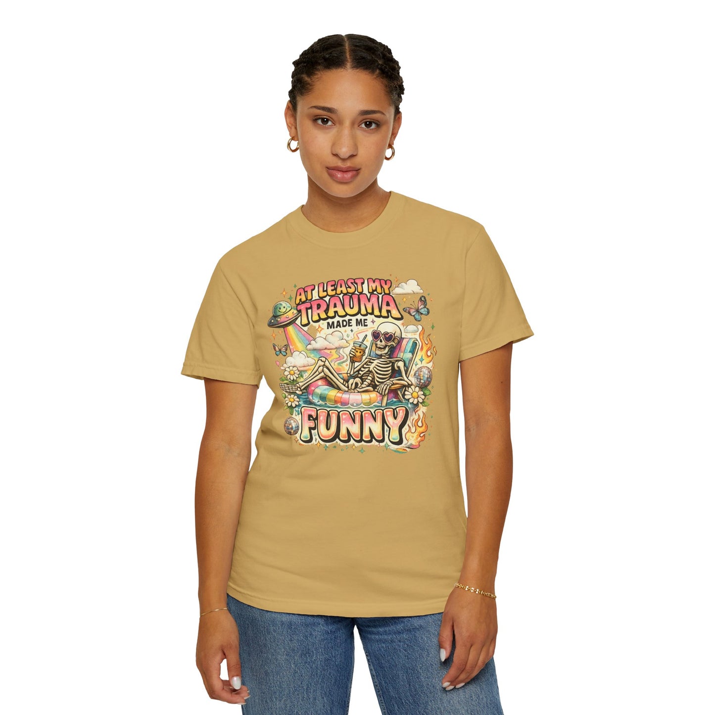 Funny Skeleton Graphic T-Shirt — "At Least My Trauma Made Me Funny"