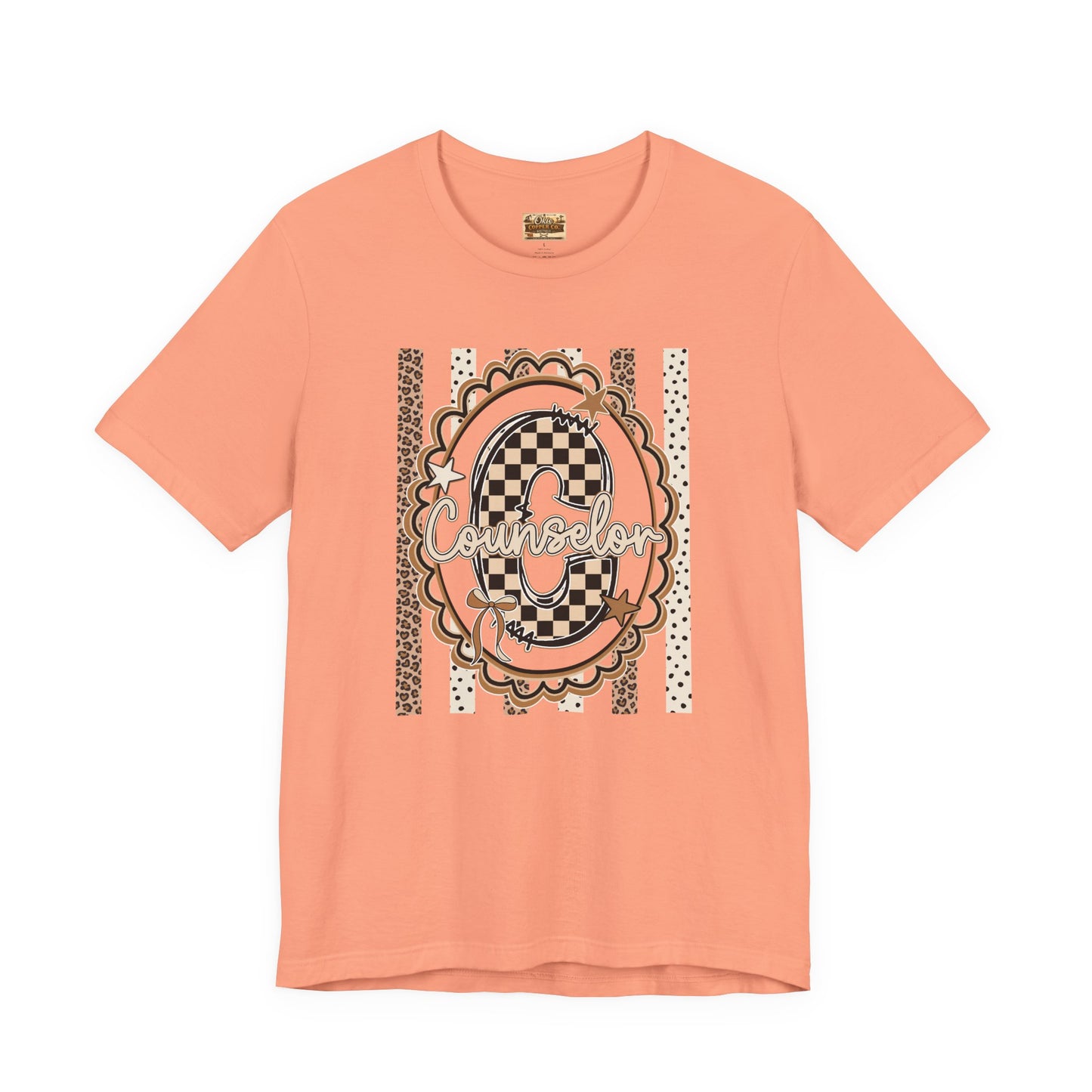 Counselor Tee — Retro Checkerboard & Leopard Print Graphic T-Shirt