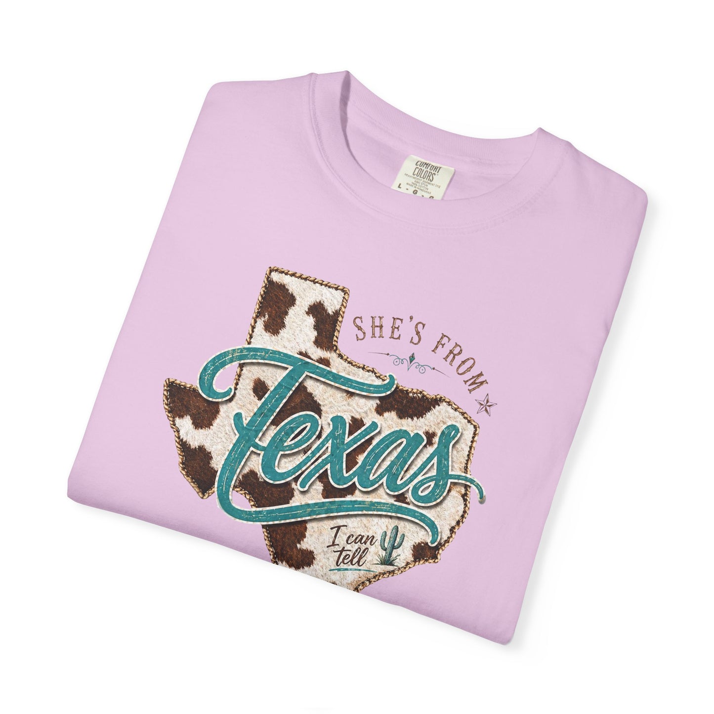 Texas Cowhide Graphic T-Shirt — "She's From Texas" Retro Western Tee