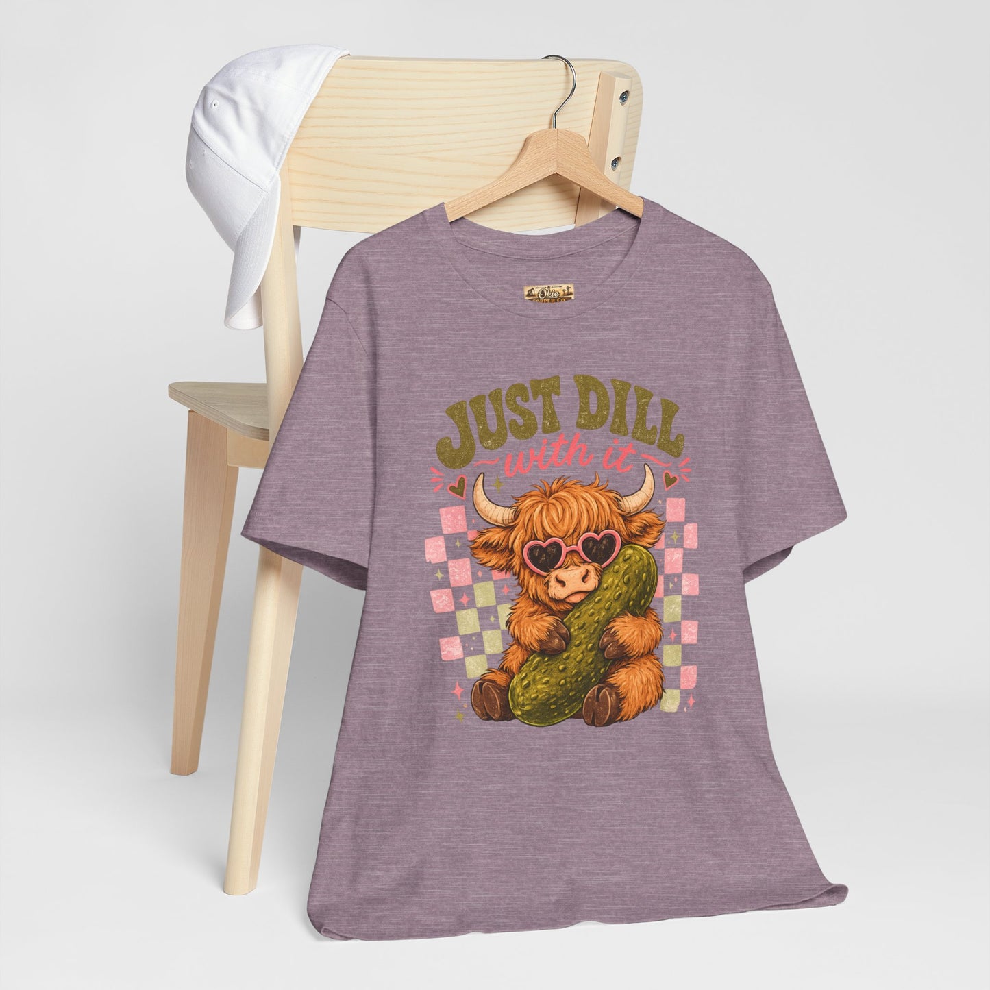Just Dill With It Tee — Cute Highland Cow Hugging Pickle Graphic T‑Shirt