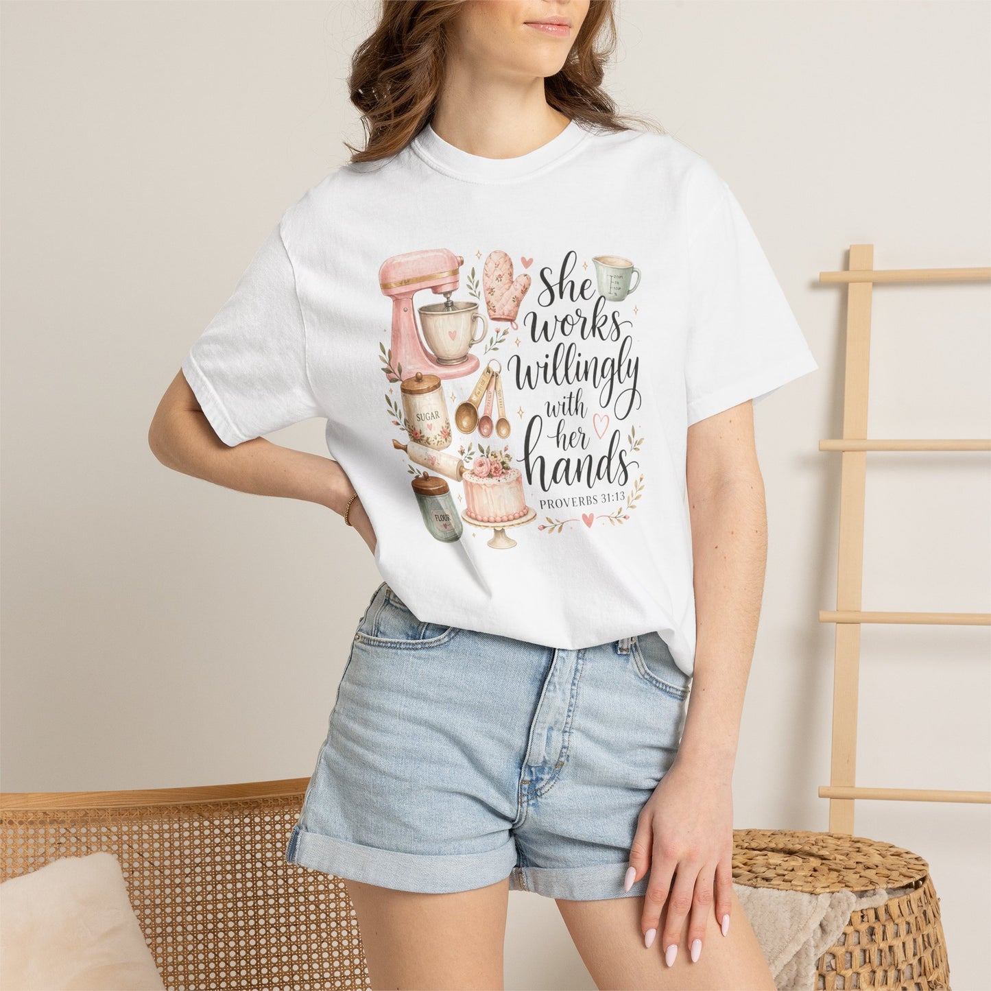 Baker’s Kitchen T-Shirt — “She Works Willingly With Her Hands” Floral Baking Design