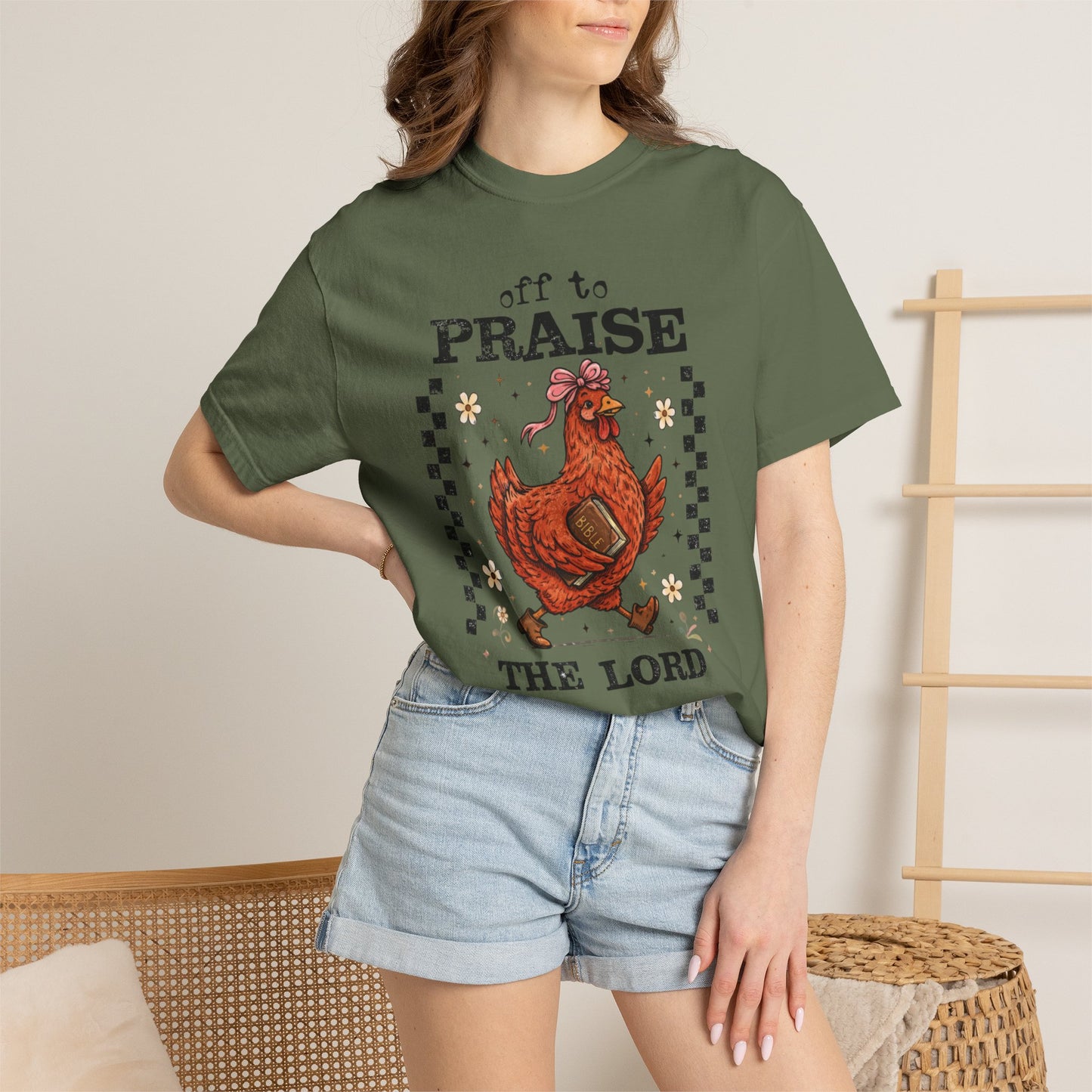 Praise the Lord Chicken T-Shirt — 'Off to Praise the Lord' Vintage Farmhouse Tee