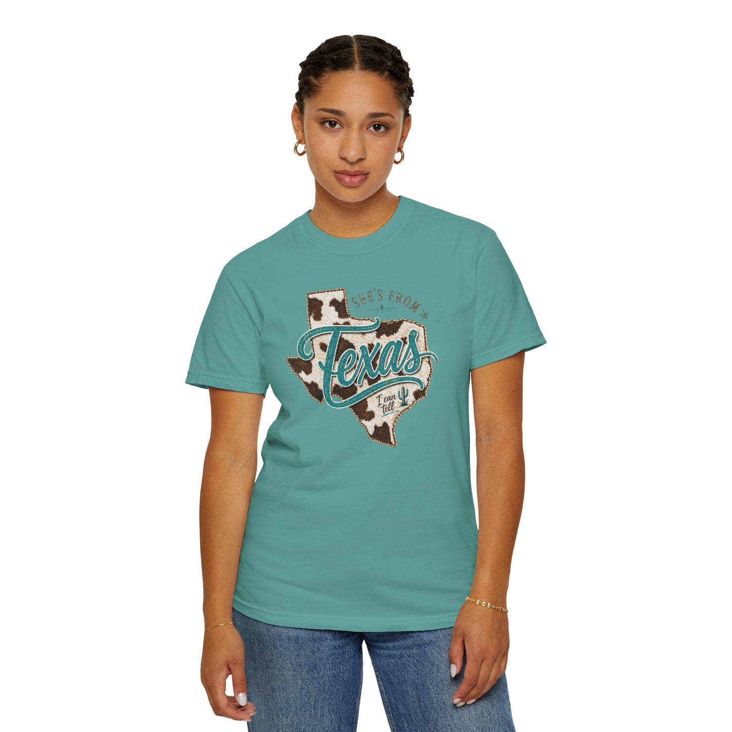 Texas Cowhide Graphic T-Shirt — "She's From Texas" Retro Western Tee