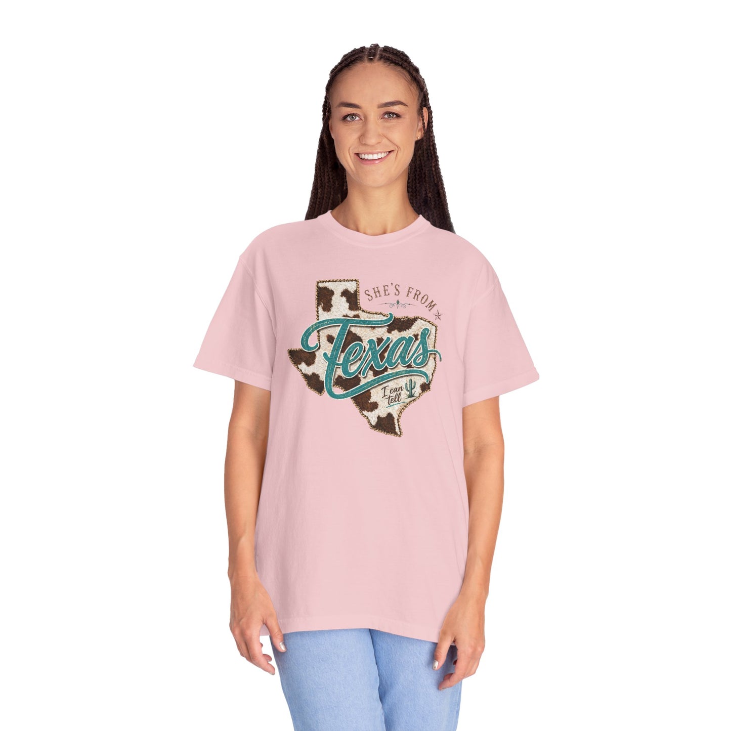 Texas Cowhide Graphic T-Shirt — "She's From Texas" Retro Western Tee